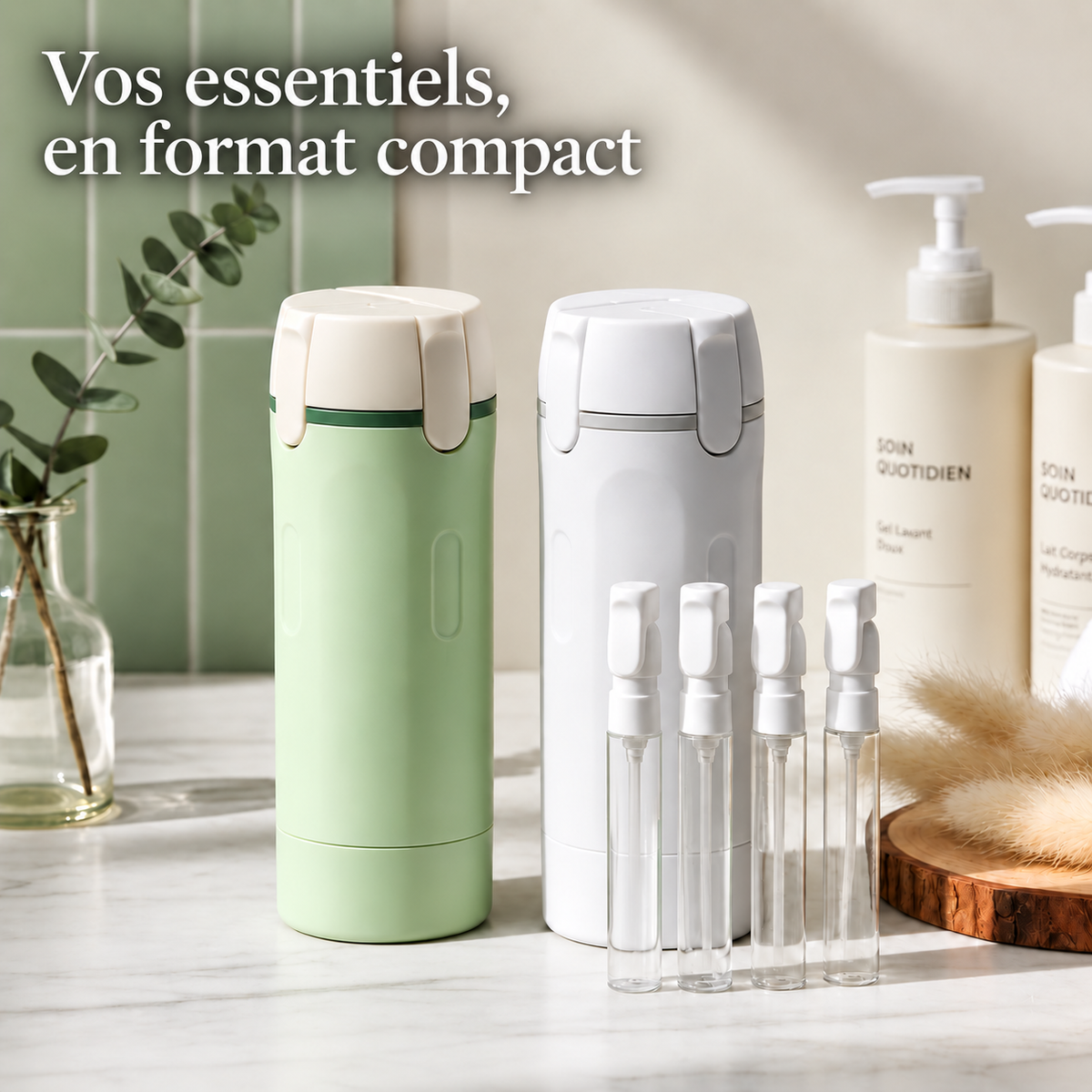 Vos essentiels en format compact — flacons Cloudriddle vert et blanc
