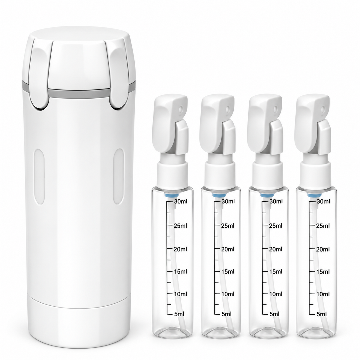 Flacon Cloudriddle blanc avec ses quatre réservoirs sur fond blanc