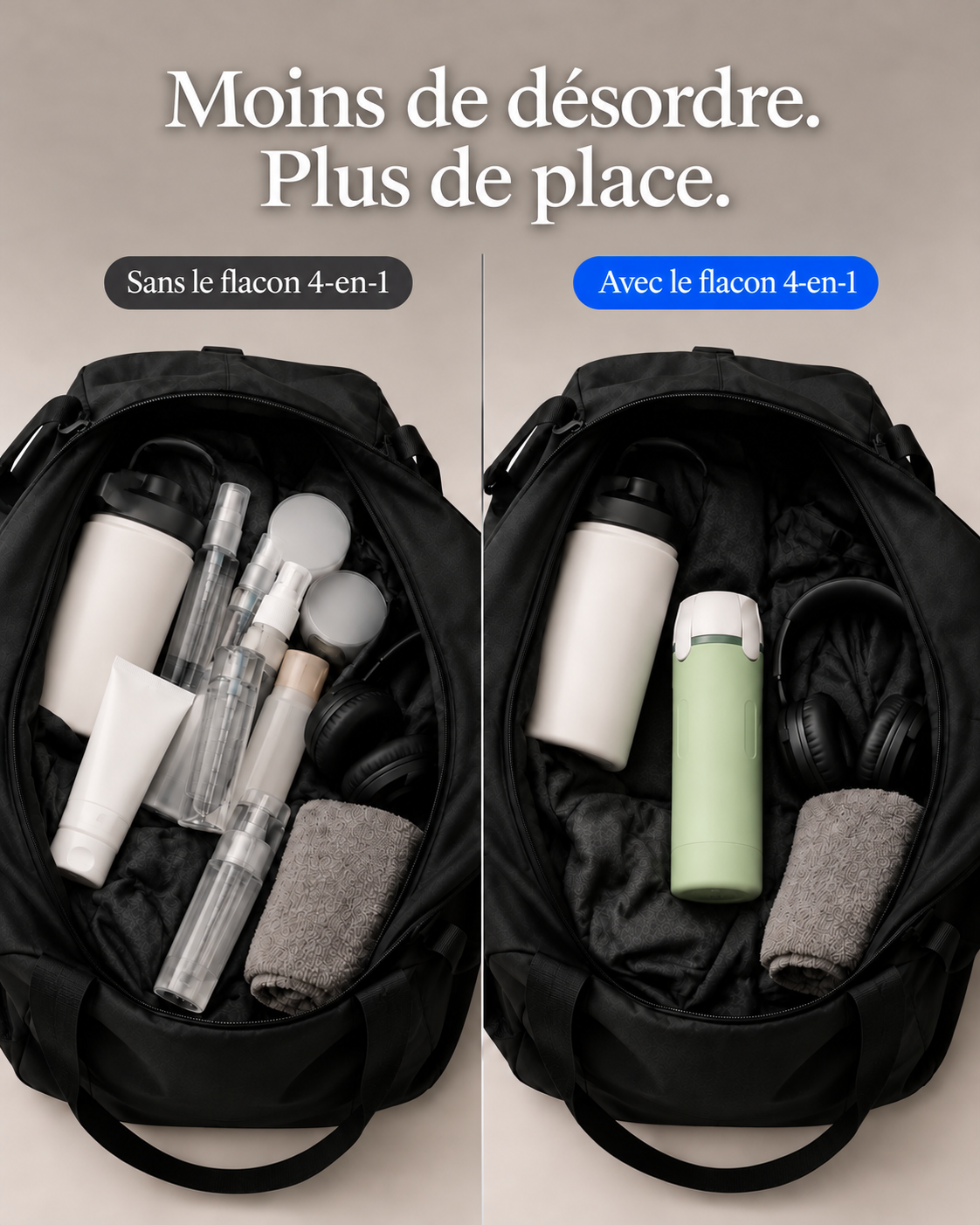 Un sac mieux organisé avec le flacon 4-en-1